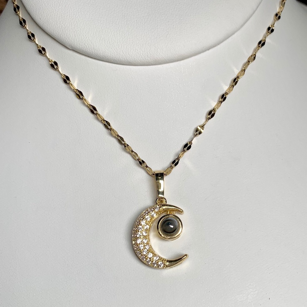 Crystal Crescent Moon Projection “I Love You” Necklace,  stainless steel